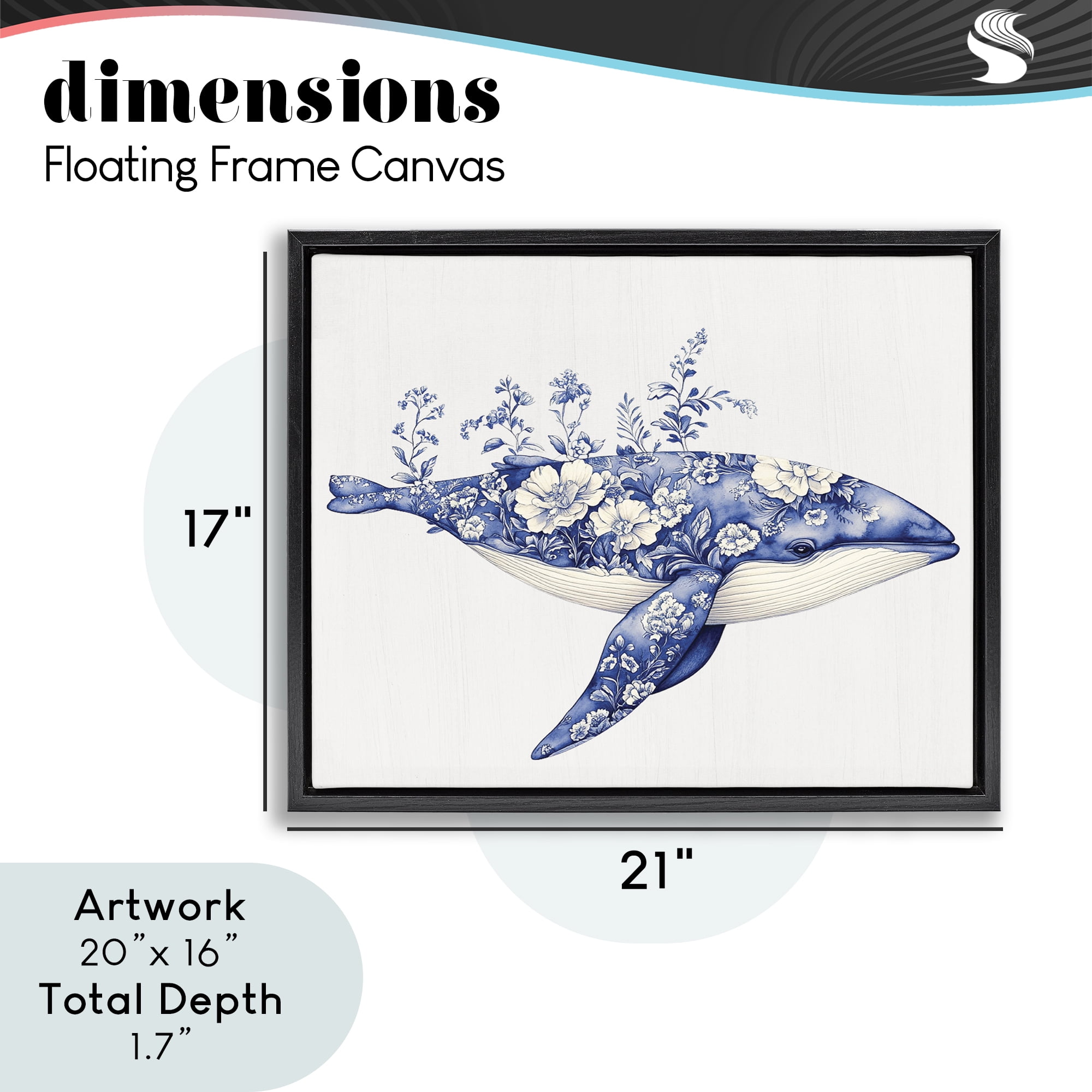 Blooming Toile Whale Black Framed Floater Canvas Wall Art, design by Lettered and Lined