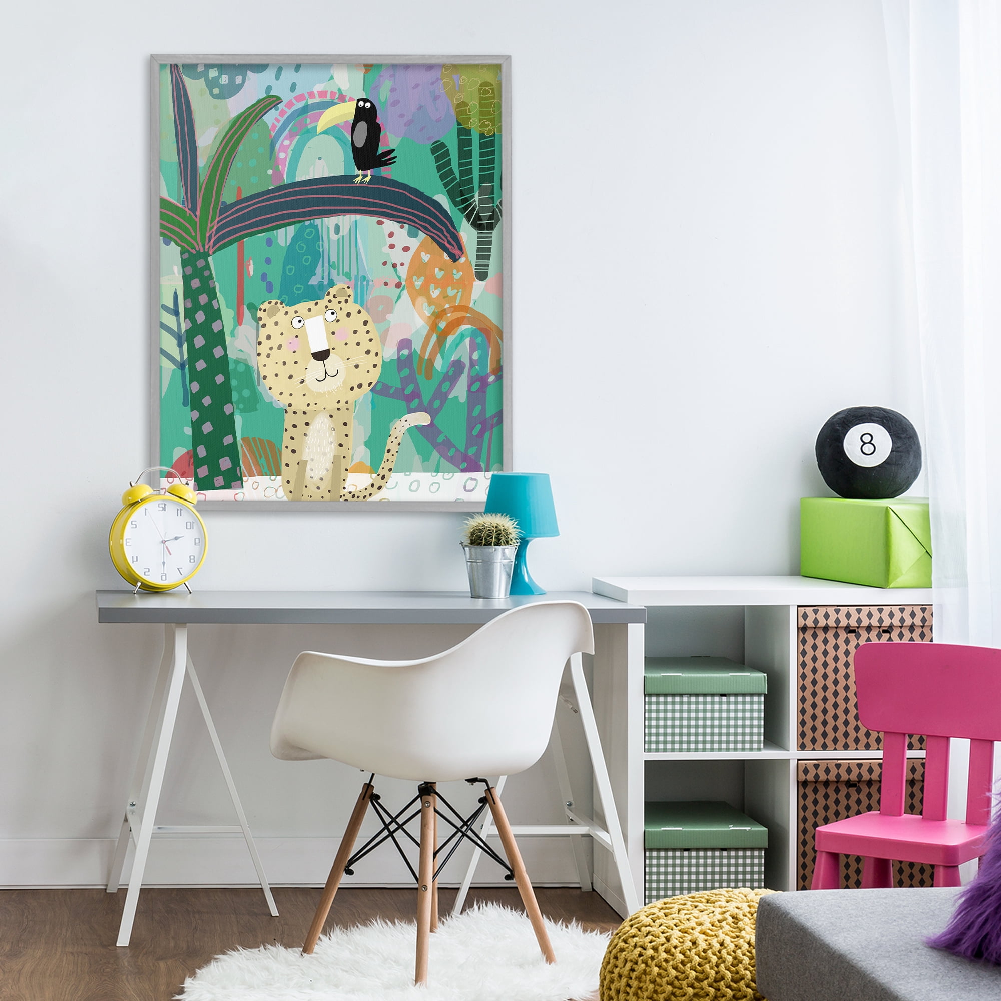 Jungle Cheetah & Toucan Gray Framed Giclee Art, design by Carla Daly