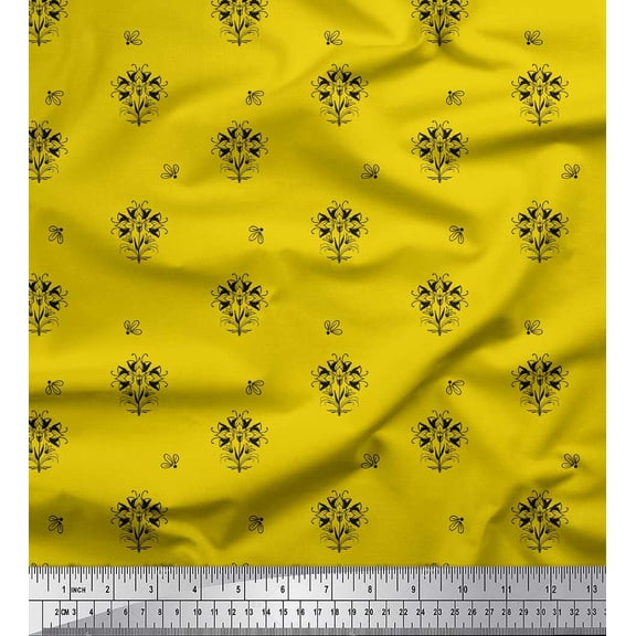 Soimoi Yellow Silk Fabric Artistic Floral Fabric Prints By Yard 42 Inch Wide