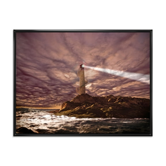 Designart 'Lighthouse Shining Light During Stormy Clouds Night I' Nautical & Coastal Framed Canvas Wall Art Print