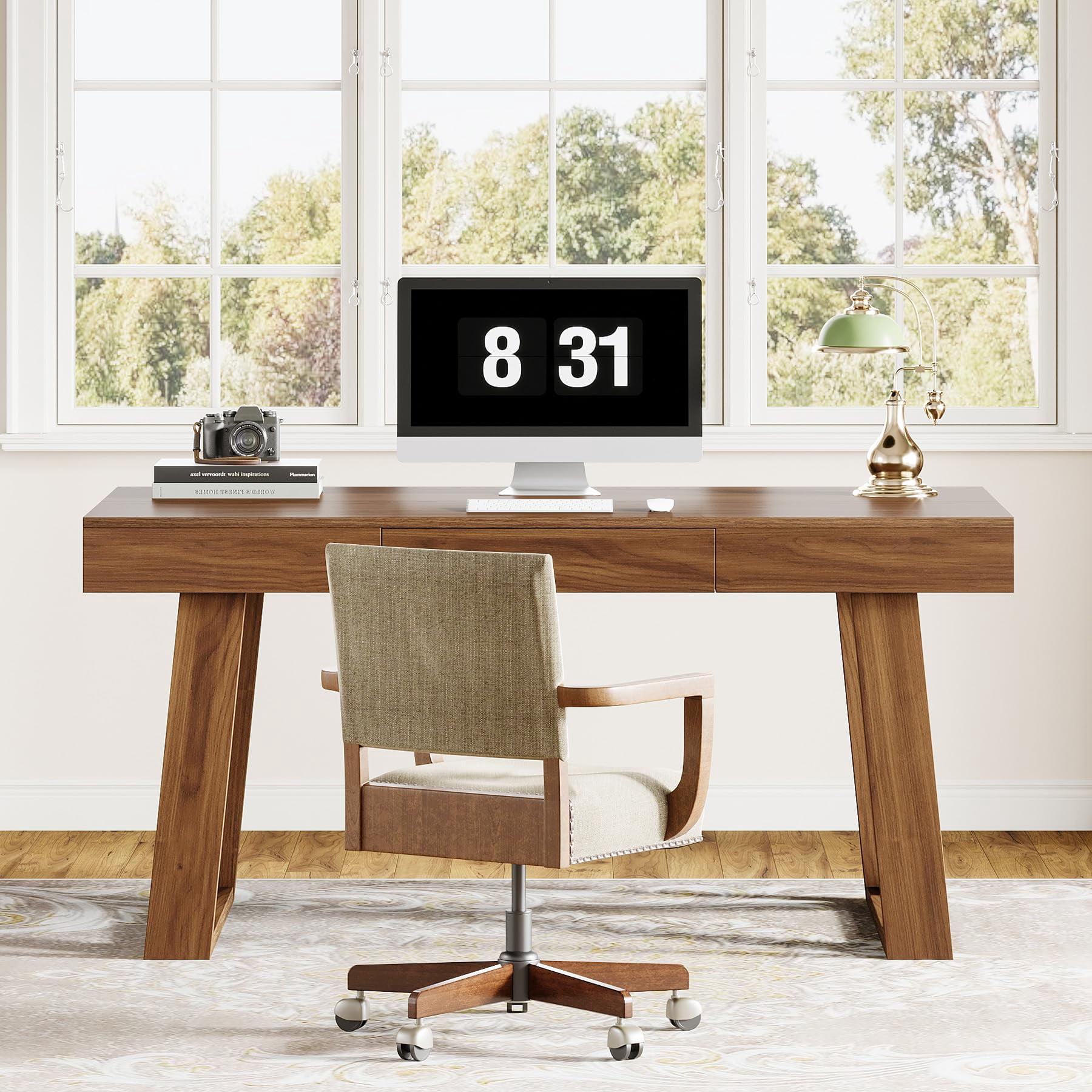 Tribesigns 55" Executive Desk with Drawer, Retro Brown Computer Office Desk with Wide Desktop , Modern Business Workstation Table for Home Office