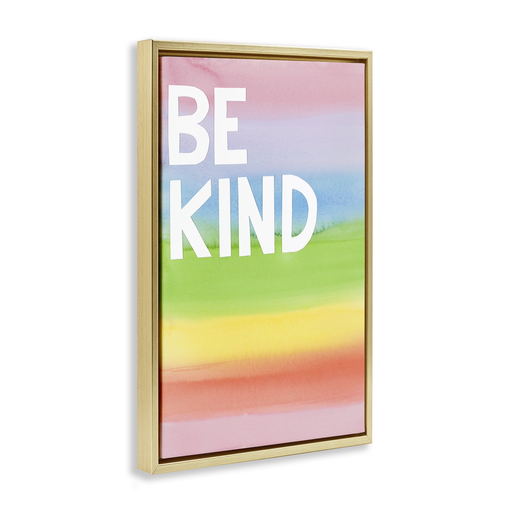 Stupell Industries Be Kind Ombre Rainbow Typography Painting Gold Floater Framed Art Print Wall Art, 17 x 25