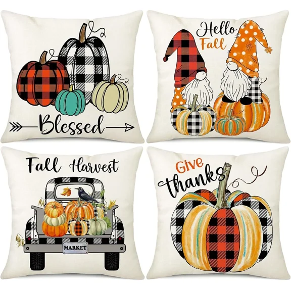 Throw Pillow Covers 18X18 Set Of 4 For Farmhouse Decor (Pumpkin Gnome Car)