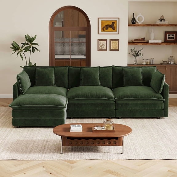EHANCIS Modular 3 Seater Sofa with Ottoman, L Shaped Sectional Couch, 5 Pillows, Large Size Deep Seat Couch, Premium Emerald Green Chenille Sofa, Comfy Couch for Living Room & Apartment