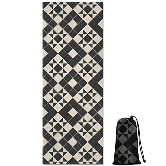 Black Beige Checkerboard Checkered Pattern Hot Yoga Mat Towel Non Slip for Hot Yoga - Quick-Drying Yoga Mat Cover with 4 Corner Pockets with Travel Bag - Hot Yoga Towel Non Slip 70"x26"