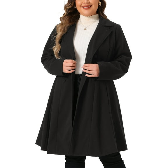 DARING DIVA Women's Plus Size Notch Lapel Double Breasted A Line Peacoat 1X Black