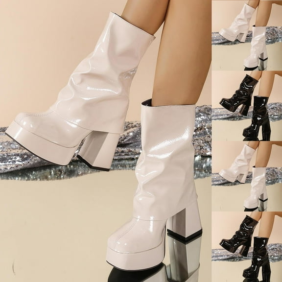 LOVZFMLL Boots for Women Mid Calf Stovepipe Boots Square Toe Slip Resistant Mid Chunky Heel Patent Leather Fall Winter