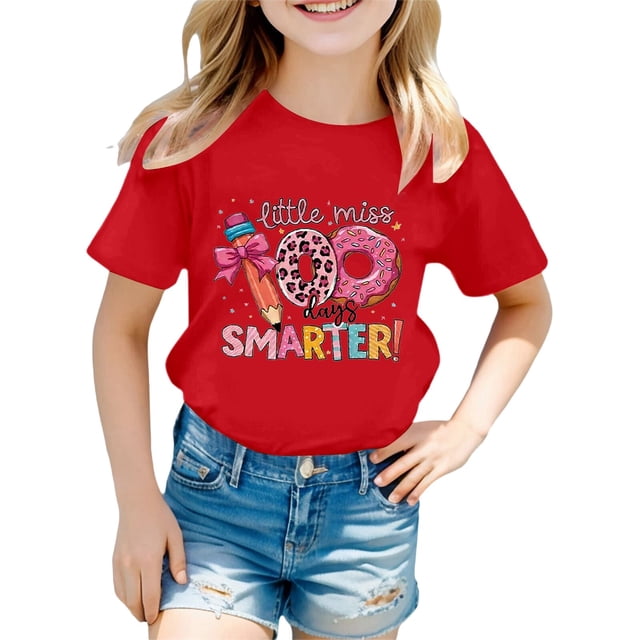 Rhuody Hauts d'Été pour Filles T-Shirt à Manches Courtes T-Shirt à Imprimés de Lettres Tee Rentrée des Classes Coupe Ample Col Ras du Cou Haut Tenue Décontractée Rouge 1-2 Ans