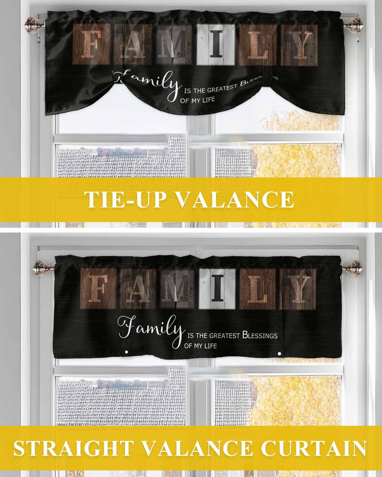Retro Family Tie Up Valances Curtain, Adjustable Kitchen FAMILY IS THE GREATEST BLESSINGS Wood Grain Valances for Windows Decor, Rod Pocket Short Curtains Set for Bedroom/Bathroom, 54"x18"