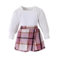 thumbnail image 1 of Pudcoco Kids Girl Fall Outfits Solid Color Square Neck Long Sleeve Tops Buttons Mini Plaid Skirts 2Pcs Clothes Set, 1 of 8