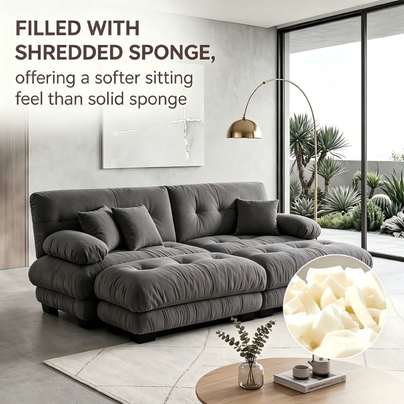 ANPPORT Cloud Couch Sleeper Sofa, Chenille Gray 2-Seater Modular Sofa with 2 Ottomans, 2 Lumbar pillows, 2 Pillows, Comfy Deep Seat Cloud Sofa, Convertible L-Shaped Floor Couch for Living Room