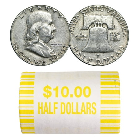 90% Silver Franklin Halves - $10 20-Coin Roll Avg Circ
