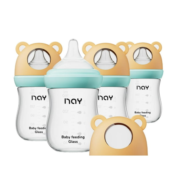 Set de 4 Biberones de Vidrio yanyoyo de 160 ml con Tetinas Anticólicos Naturales Talla S