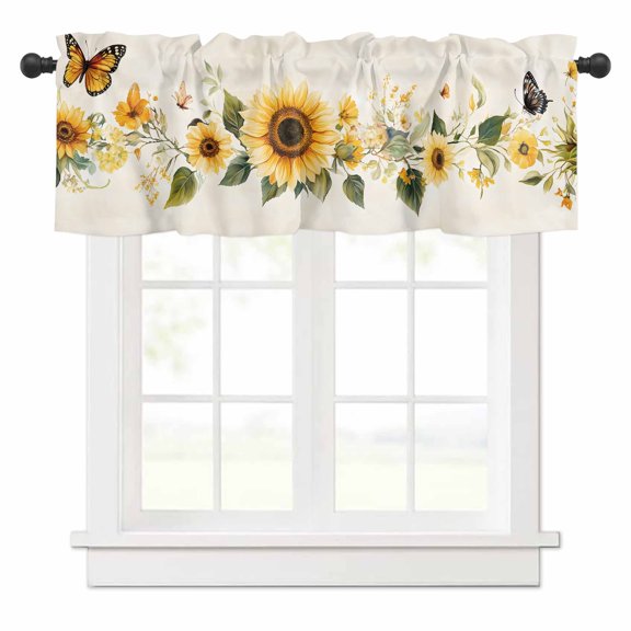 Farmhouse Sunflower Valances for Windows Retro Rustic Rural Floral Butterfly Rod Pocket Curtain Valance Window Treatment Short Curtains for Kitchen Living Room, 60"x18"