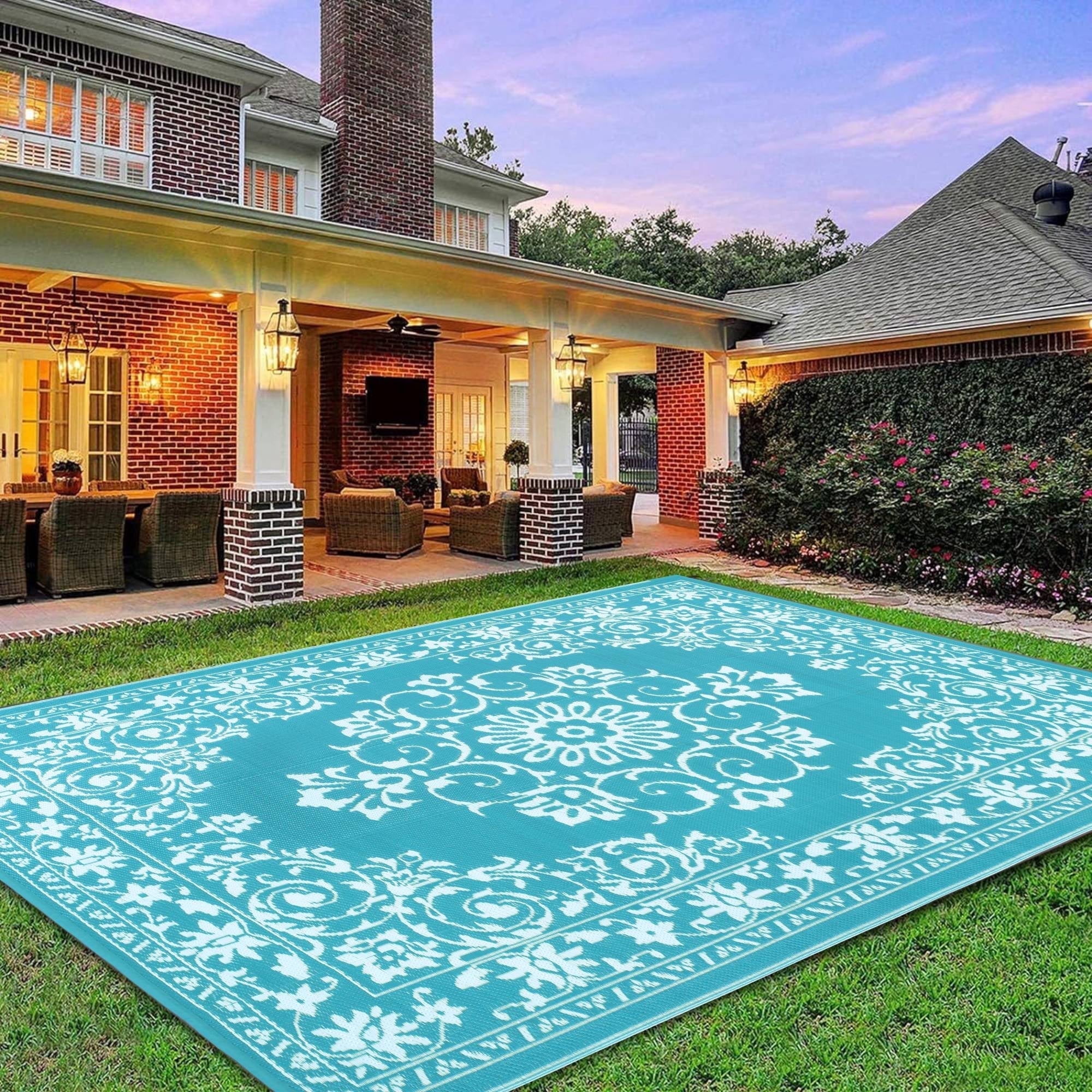 Findosom 8'x10' Boho Mandala Outdoor Rug Patio Rug Large Reversible Plastic Straw Rug RV Outdoor Mat Waterproof Foldable Portable Camping Mat for RV,Patio,Backyard,Deck,Picnic,Beach Teal