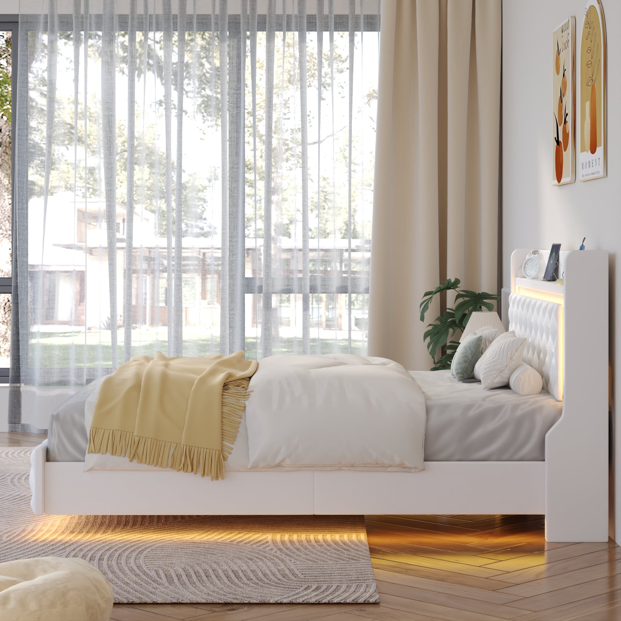 Blotout Floating Queen Bed Frame with LED Lights&Power Outlet, Upholstered Pu Leather Platform Bed with Diamond Tufted Storage Headboard & Footboard, No Box Spring Needed, Noise Free, White