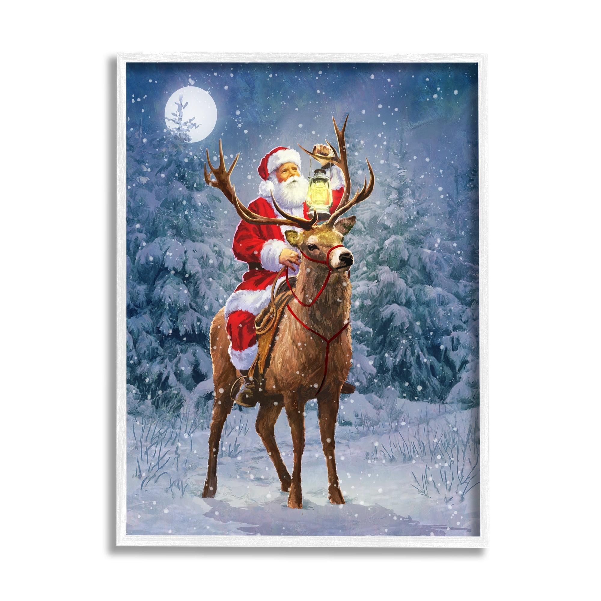 Stupell Industries Santa Riding Reindeer Landscape Holiday Painting White Framed Art Print Wall Art