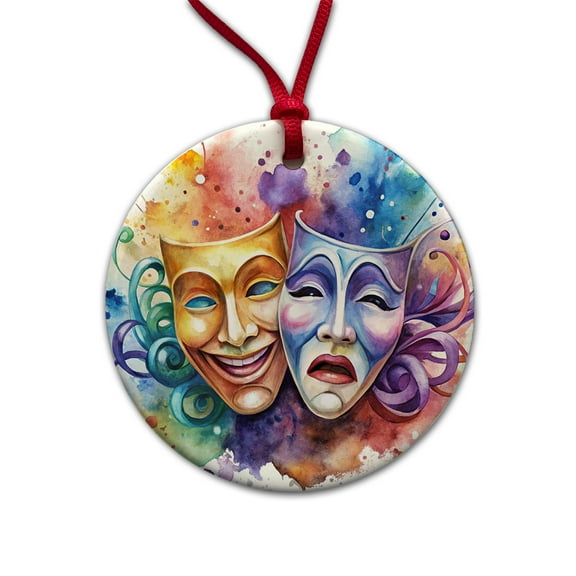 Theater Drama Masks Watercolor Christmas Tree Holiday Round Ceramic Ornament