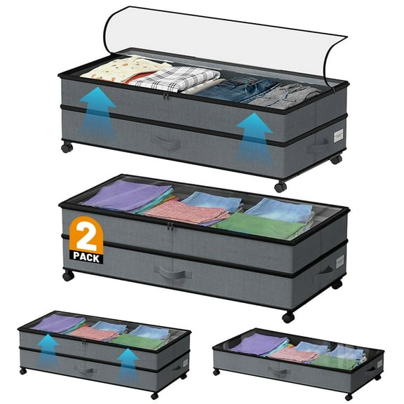 Under-Bed Storage with Wheels, 2-Pack Under-Bed Storage Containers with Clear Lids, Adjustable Height,Space Saving Organizers for Clothes, Shoes, Toys, Books