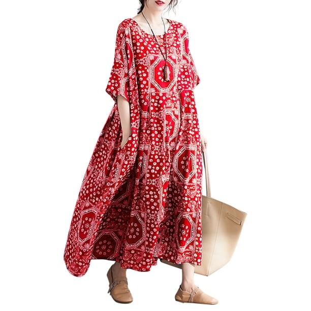 Vestido holgado de mujer con estampado de cuello redondo, bolsillo de media manga, vestido vintage d Tomshoo Vestido de mujer