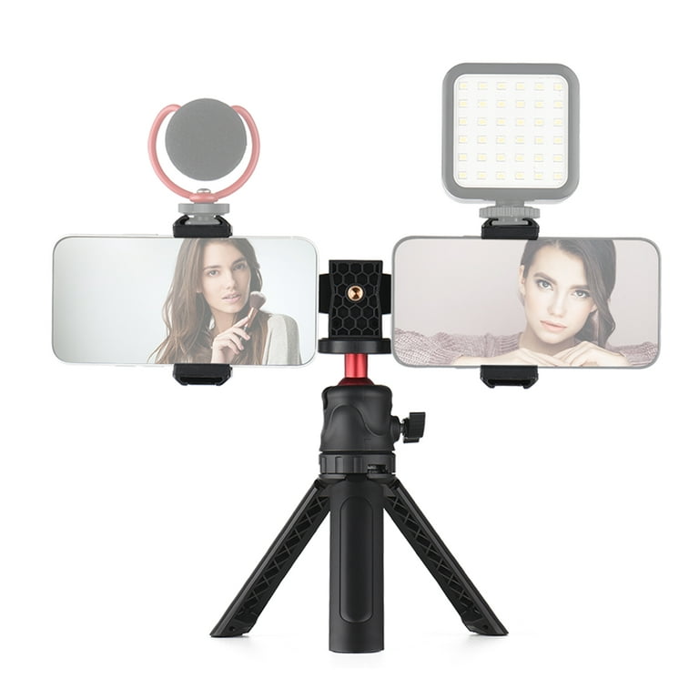 Generic Vlog Live stream Gear Stand Stretchable Tripod, 2 Mobile Phone  Holder For Selfie / Photo Shooting / Video, Black