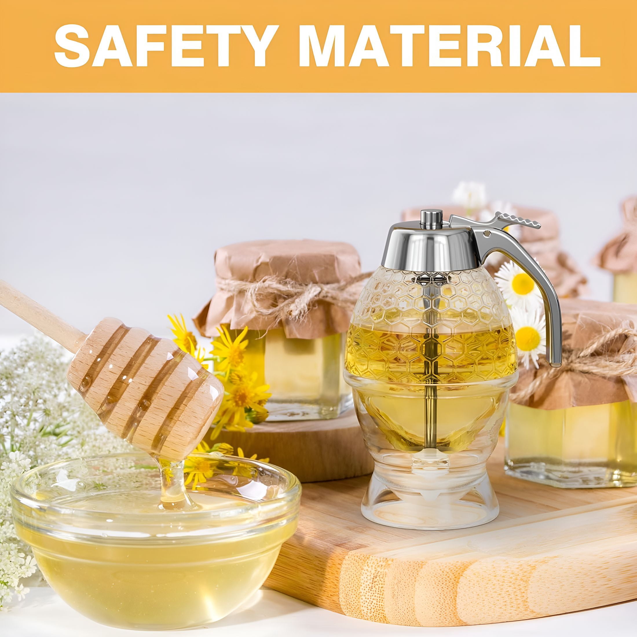 ACDANC Honey Dispenser No Drip Glass 8 Oz with Plastic Top,Honeycomb Shaped Honey Jar with Stand - 6" Clear Container,Honey Pot,Maple Syrup Dispenser,Bee Decoration