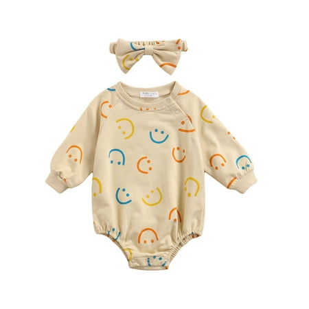 

Seyurigaoka Baby Girl’s Fashion Smiley Printed Long Sleeve Romper and Headband