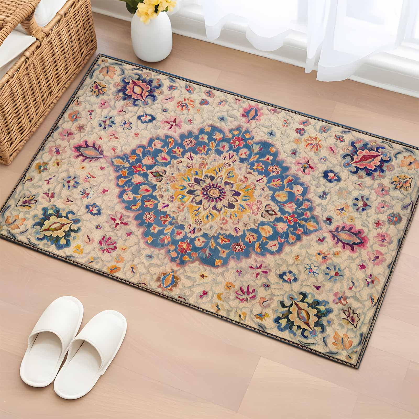 Rectangle Area Rug 2x3ft Retro Turkish Tradition Flower Non-Shedding Washable Area Rug Medieval Ethnic Pattern Non Slip Low-Profile Rugs for Living Room Bedroom Dining Room