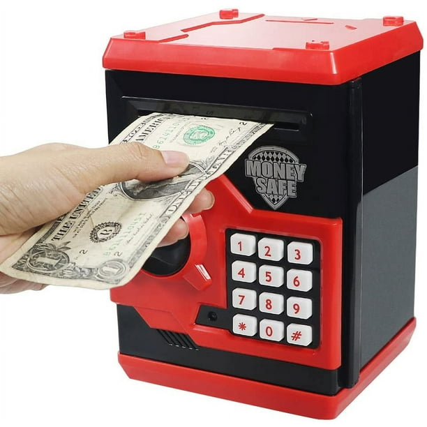 Hucha electrónica con giro automático de efectivo, minicaja fuerte roja para cajero automático, juguete para ahorrar dinero para niños, regalo de cumpleaños o Navidad para niños y niñas.