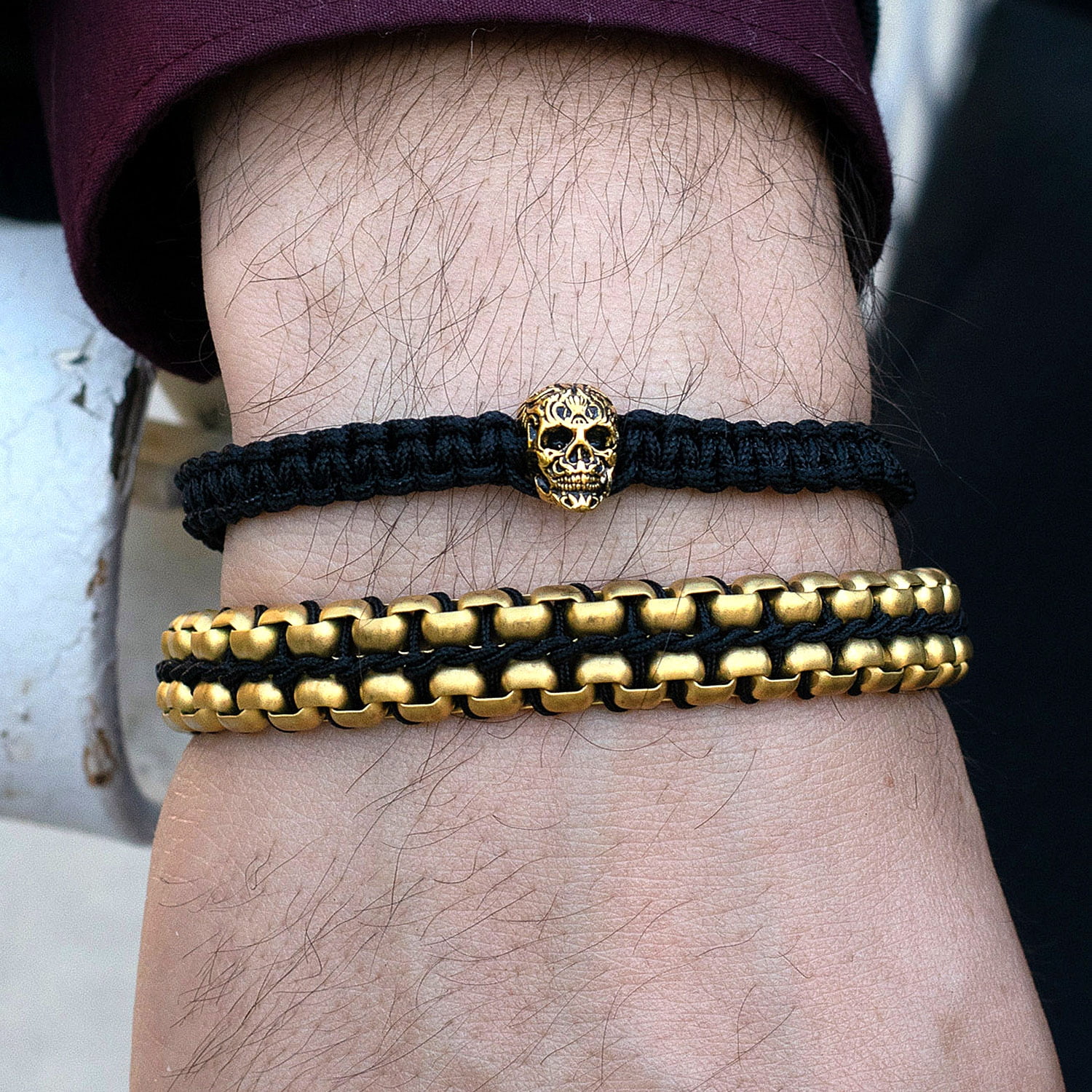 Crucible Jewelry Men's Matte Finish Double Row Box Chain Gold Plated Steel Bracelet (11mm) - 7.75" + 0.5" Ext