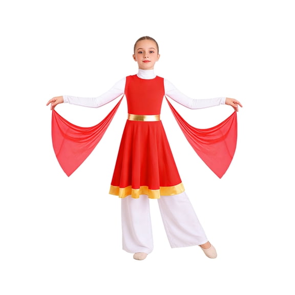 Eandarui Kids Girls Praise Dance Tunic Dress with Mesh Drapes Church Robe Overlays Worship Liturgical Dancewear Red 8