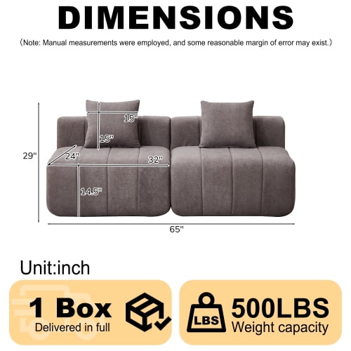 Chenille Symmetrical Modular Sectional Sofa with 2 Pillows, Curved Piano Key Seat Design, No Assembly Cloud Couch for Living Room, Bedroom, Office & Lobby