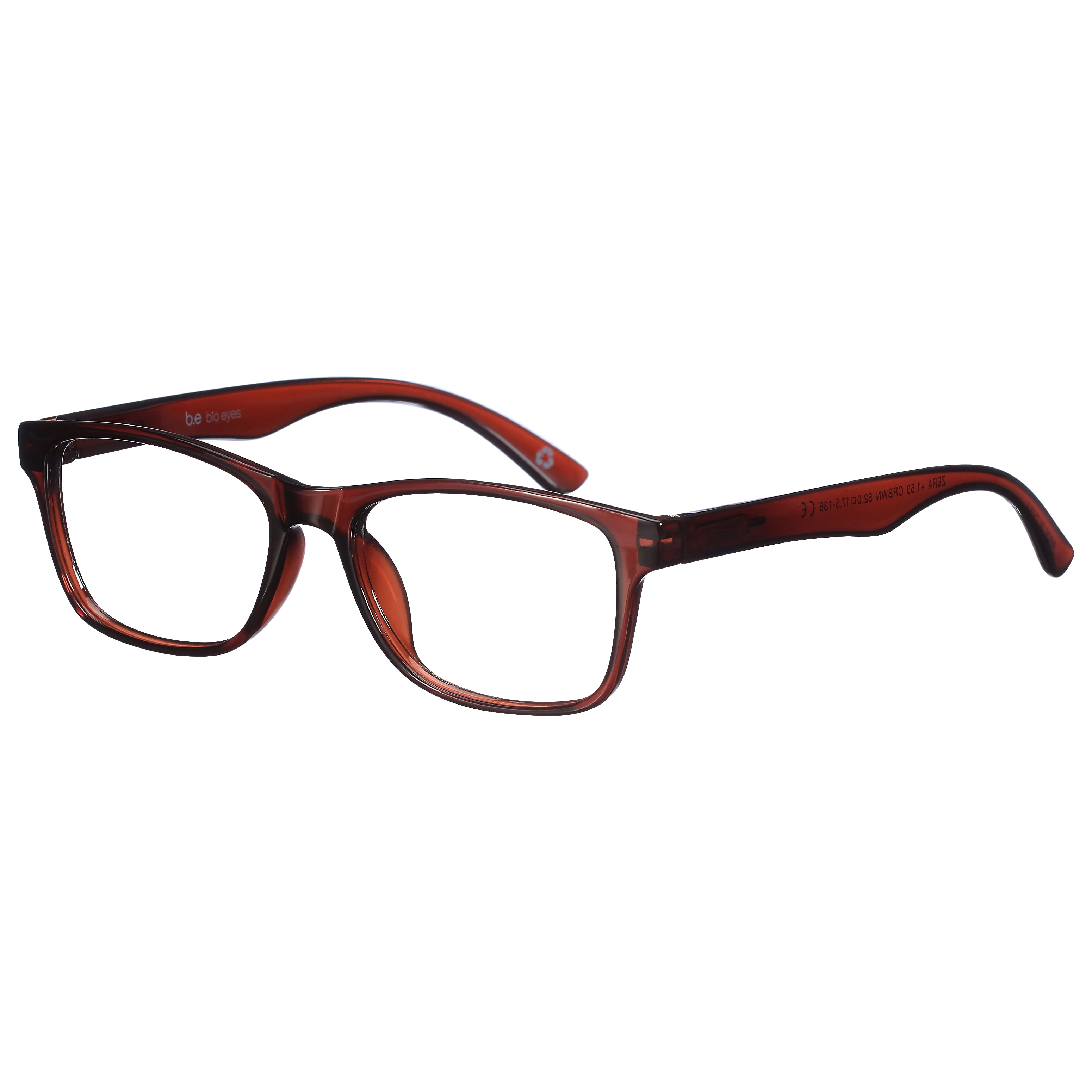 B.E Bio Eyes Mens Rectangular Reading Glasses Made from Recycled Plastic Zera +1.25 in Brown