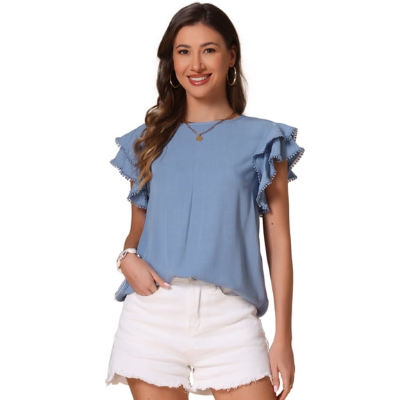 DARING DIVA Women's Dressy Round Neck Ruffle Sleeve Work Tops XS Blue Gray