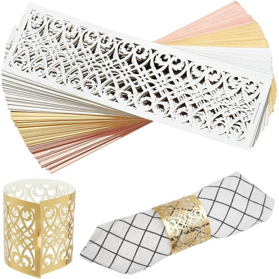 90Pcs 3 Colors Paper Napkin Rings Laser Cut Hollow Paper Napkin Rings Vintage Lace Napkin Holder Rings DIY
