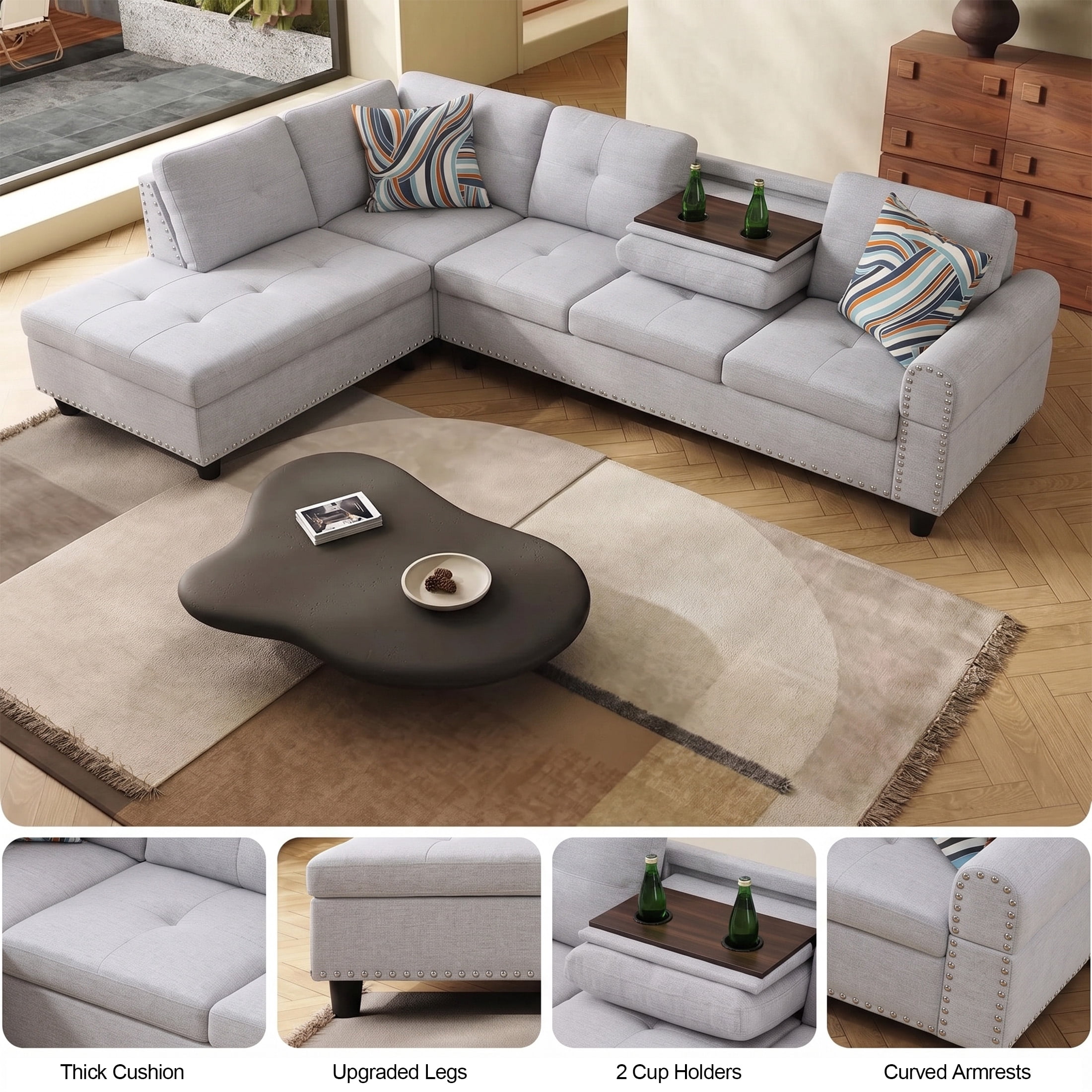 AENKYO 98" L-Shaped Sectional Sofa with Reversible Chaise and Cup Holders, Flannel, Light Gray
