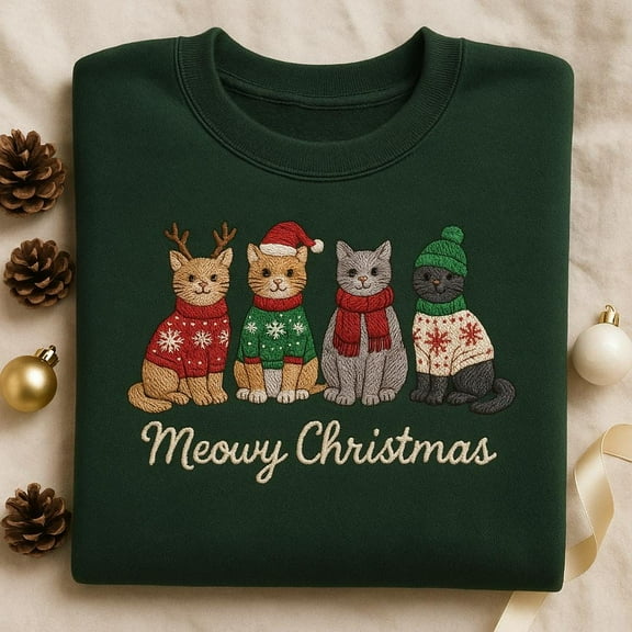 Embroidered Cats in Ugly Christmas Sweater Crewneck, Meowy Christmas Cat Mom Gift, Funny Cat Lover Sweatshirt, Holiday Pet Shirt