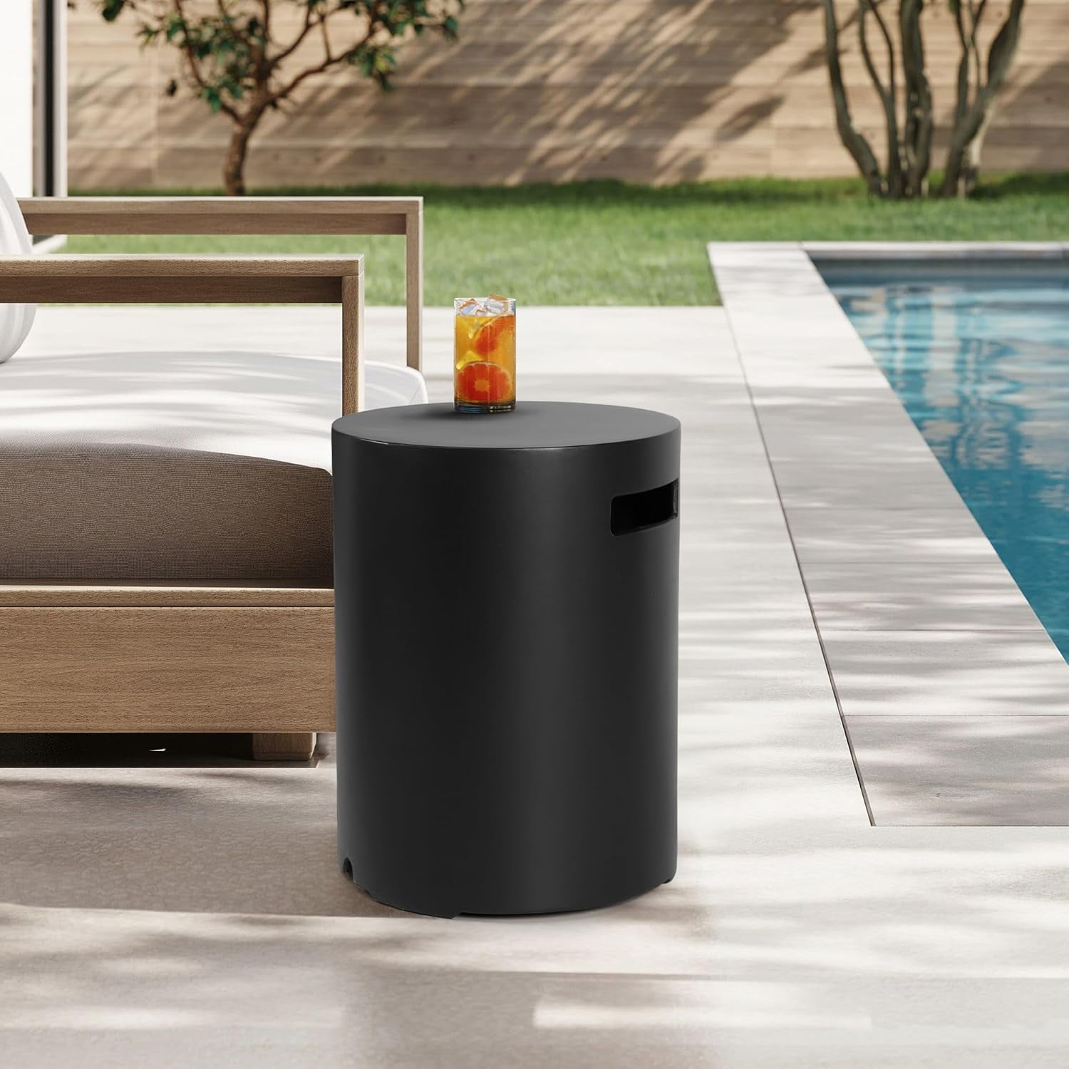 Propane Tank Cover Table 16"x16"x20"H Round Propane Tank Storage Hideaway Box for Gas Fire Pits, Gary Concrete Gas Tank Holder Outdoor Side Table for 20 Pound Gas Tank