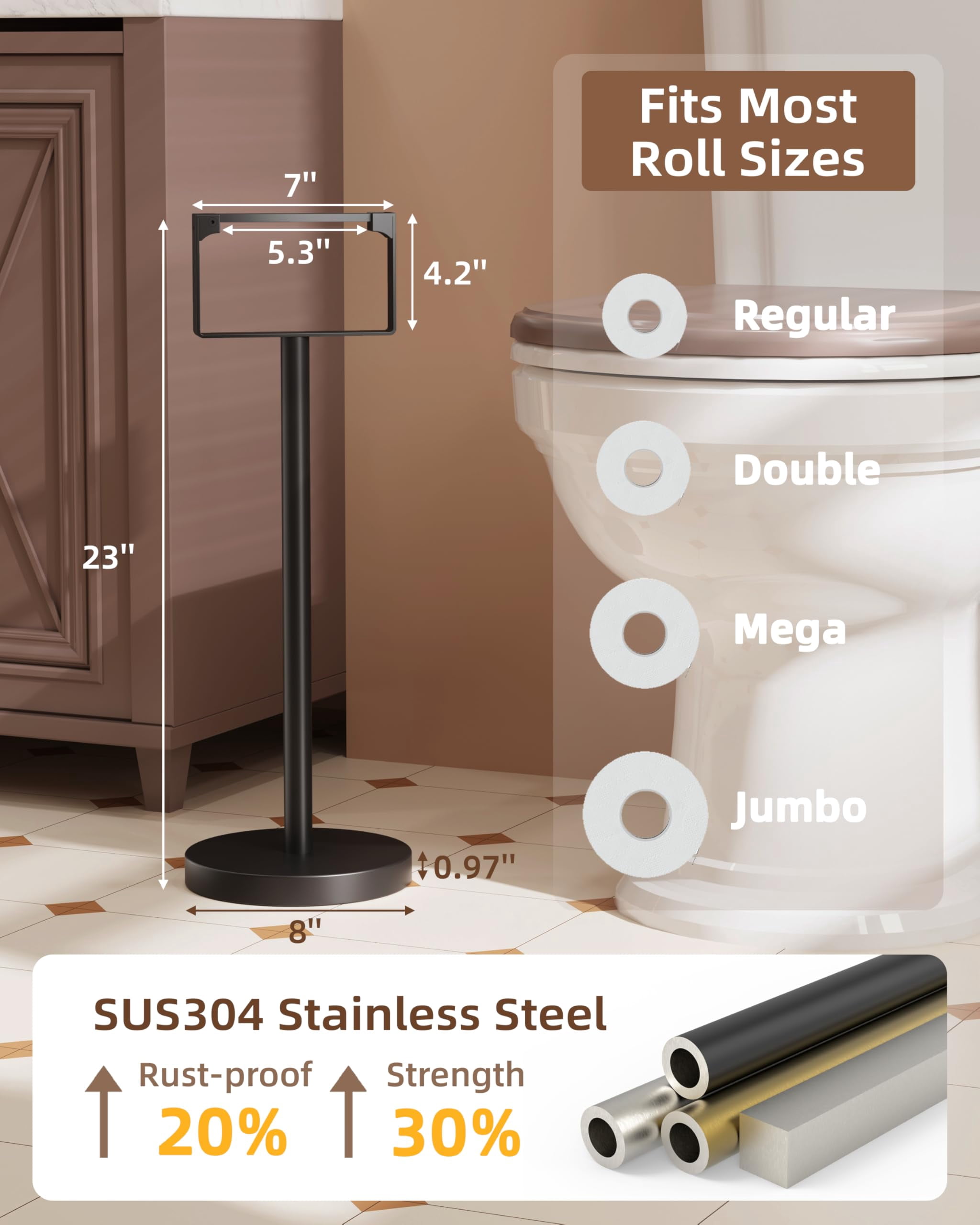 Toilet Paper Holder Stand, Magnetic Closure Toilet Paper Stand with Lift-Up Rotating Arm, SUS304 Stainless Steel Bathroom Toilet Paper Holder Free Standing, Weighted Base (Matte Black)