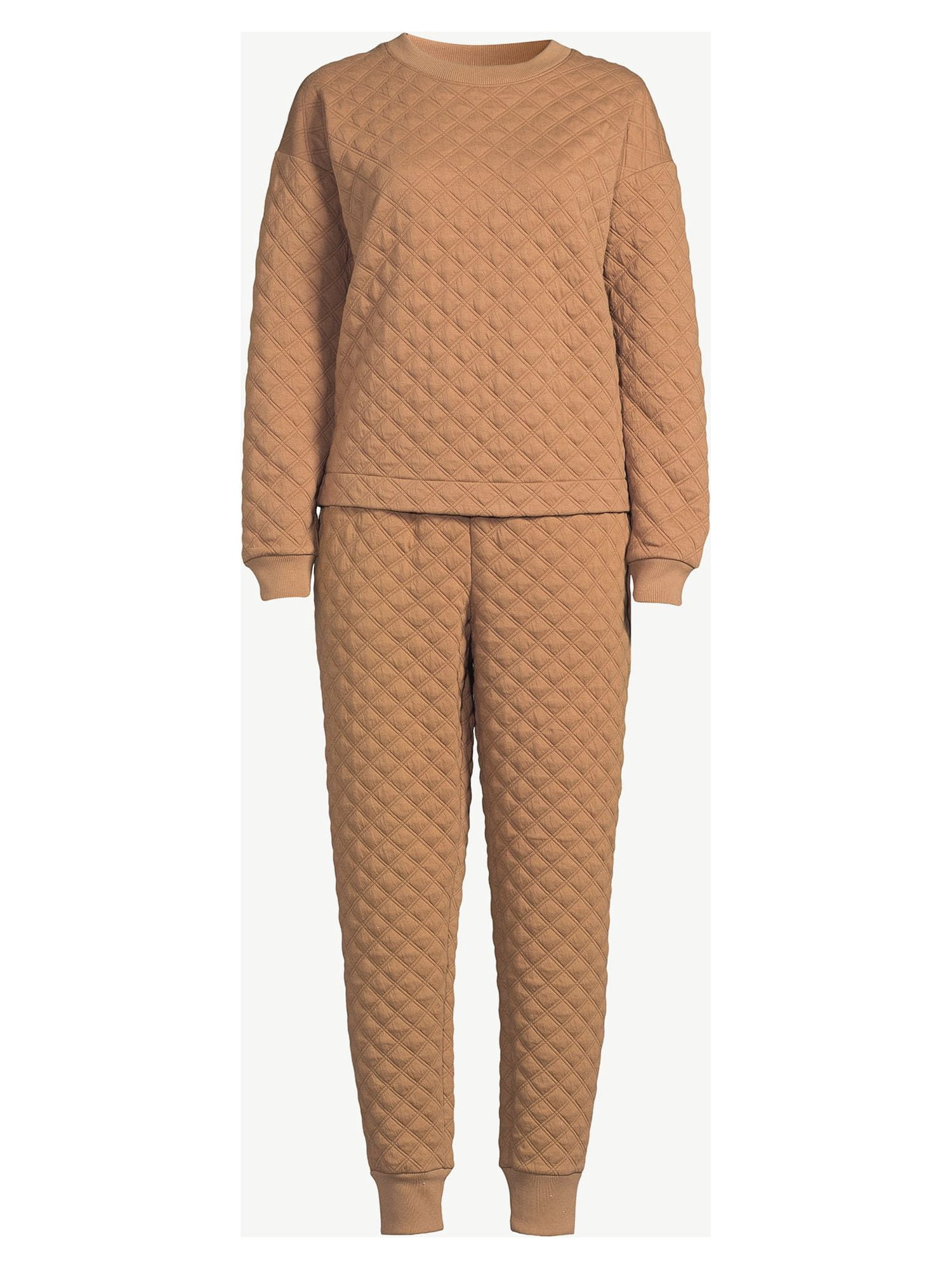 Joyspun Women's L Pockets/Polyester 2-Piece Quilted Top and Joggers Sleep Set, Urban Camel