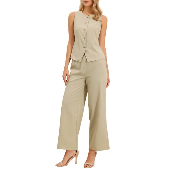 INSPIRE CHIC Two Piece Outfits for Women's Linen Vest Waistcoat Dressy Casual  Sets Wide Leg Pants Suits XS Khaki