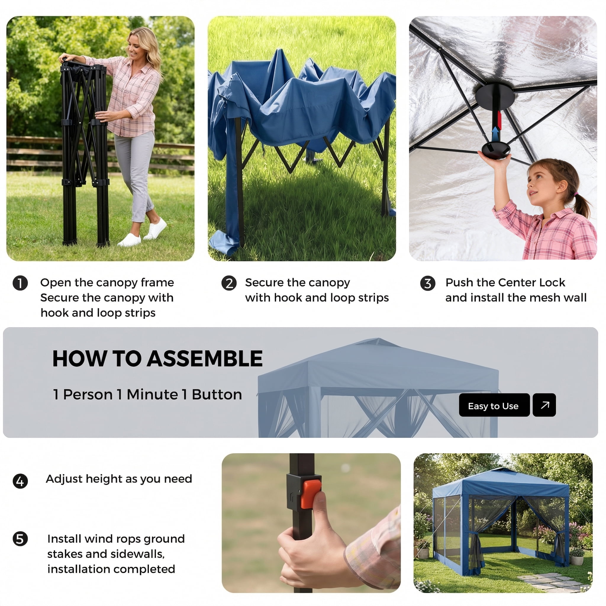Advwin 10x10 Pop Up Canopy Tent with Netting, Instant Folding Outdoor Gazebo with Wheeled Carry Bag, 3 Adjustable Heights, 4 Sandbags & 4 Ropes, Portable Canopy Shelter for Patio, Backyard, Camping,