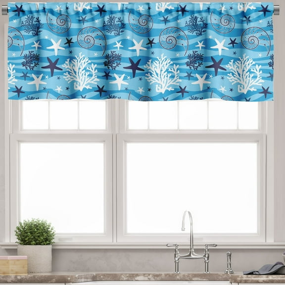 Ambesonne Sea Shells Valance Pack of 2, Starfish and Scallop, 54"X12", Blue Dark Blue White