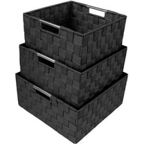 Sorbus Storage Box Woven Basket Bin Container Tote Cube Organizer Set Stackable Storage Basket Woven Strap Shelf Organizer Built-In Carry Handles (Black)