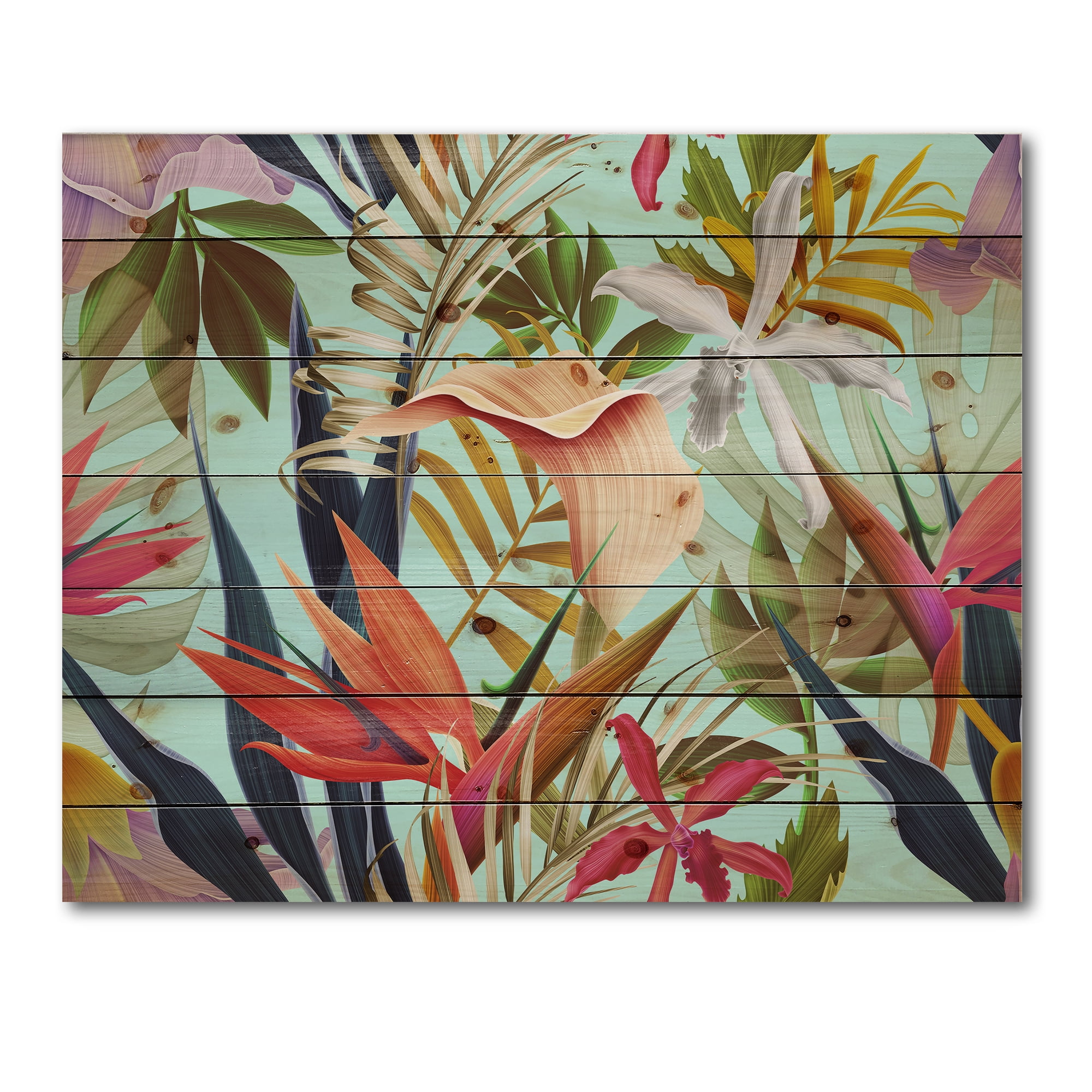 Designart 'VIntage Tropical Flowers II' Tropical Print on Natural Pine Wood