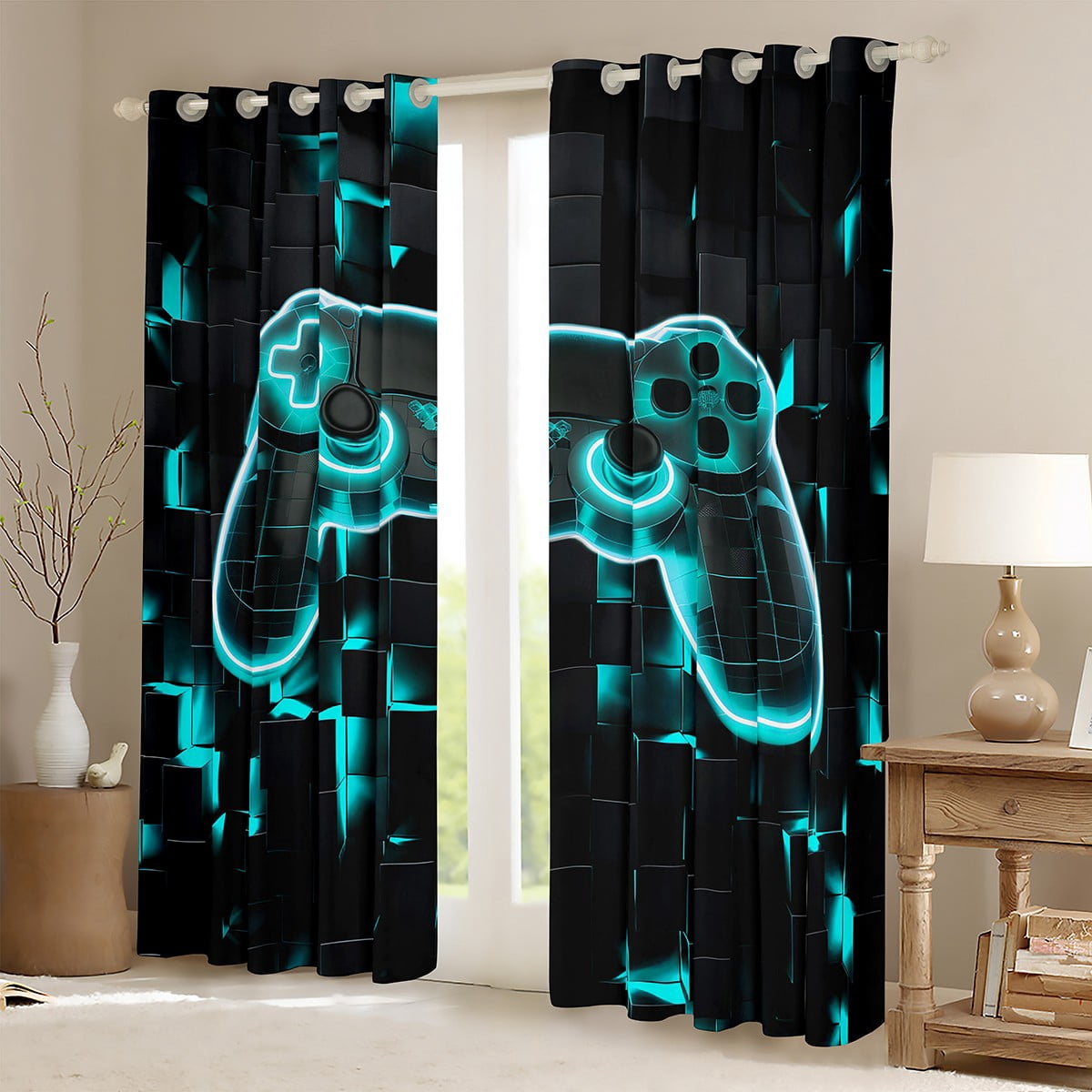 Gamer Curtains for Boys Gaming Themed Decor Blackout Curtains,Geometry Honeycomb Print Bedroom Curtains Modern Abstract Plaid Window Curtains,2 Panels 42"Wx84"L