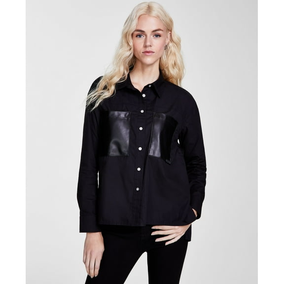 Women's Faux-Leather-Pocket High-Low Shirt Black XS