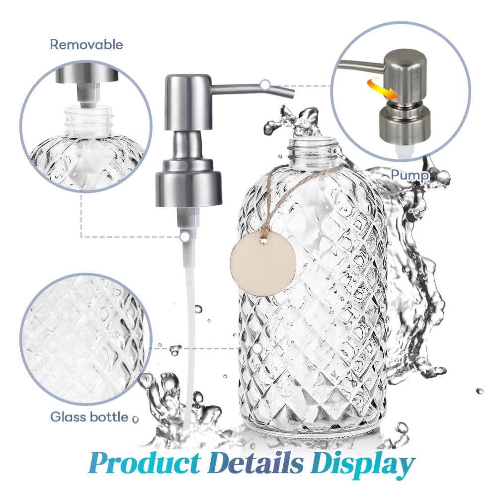ATJIA 1/2 Pack 16 Oz Glass Refillable Soap Dispenser with Rustproof Stainless Steel Pump for Kitchen and Bathroom
