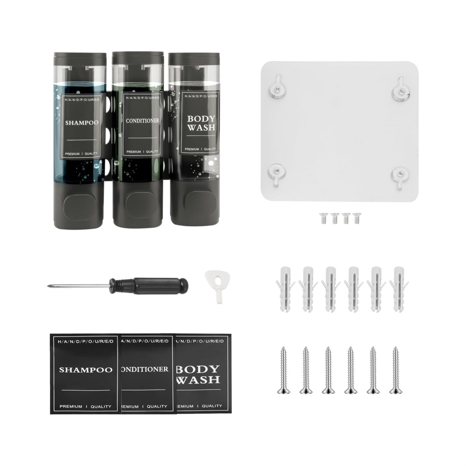 Shower Soap Dispenser 3 Chamber, Dingrich Wall Mounted Shampoo and Conditioner Dispenser with Labels, 400ml Large Capacity Shampoo Dispenser Set for Bathroom, Hotel, Kitchen, RV - Black