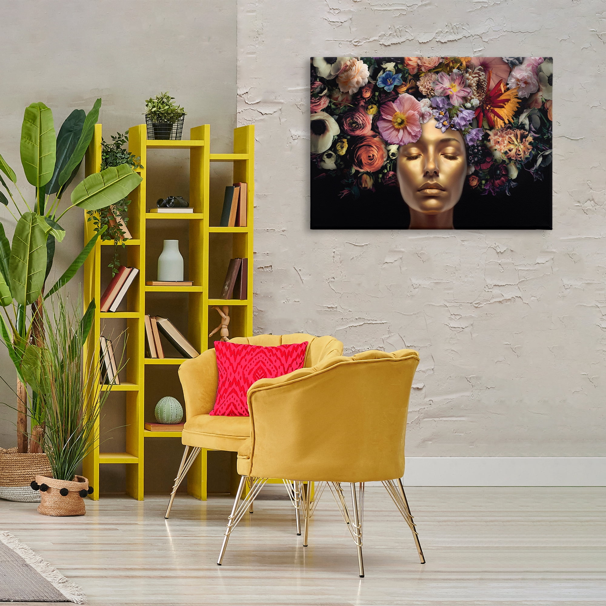 Stupell Industries Gold Face with Flowers Plants & Flowers Painting Wrapped Canvas Art Print Wall Art, 36 x 24